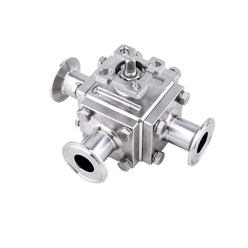 Sanitary platform three-way Tri-clamp rectangular ball valve with no residue retention